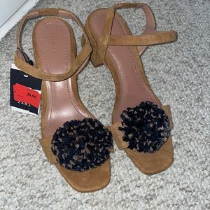 Zara Woman Tan Heels, Pom Detail MWT